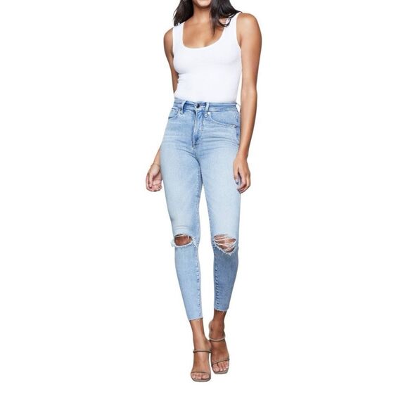 Good American Denim - GOOD AMERICAN Good Waist Crop Frayed Hem Jeans in Blue352 Size 25 NEW